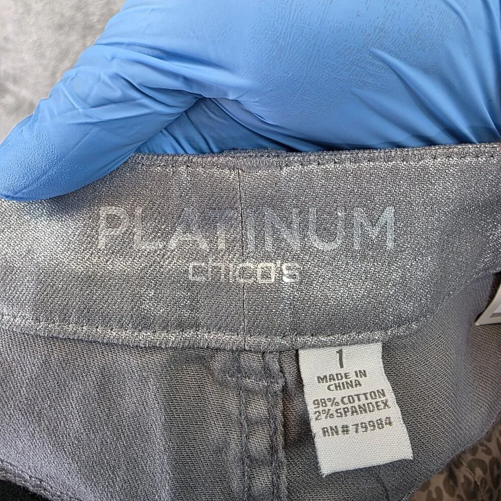 Chicos Platinum Jeans Womens 8 Regular Silver Metallic Slim Leg Denim Pants - Picture 11 of 14